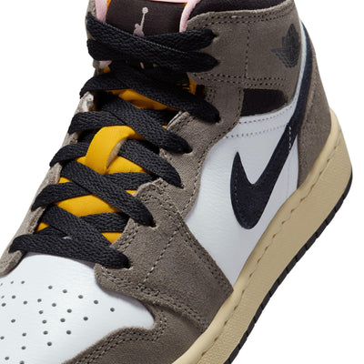 Air Jordan 1 Mid SE Big Kids' Shoes White/Oil Grey-Cave Stone-Dark Sulfur
