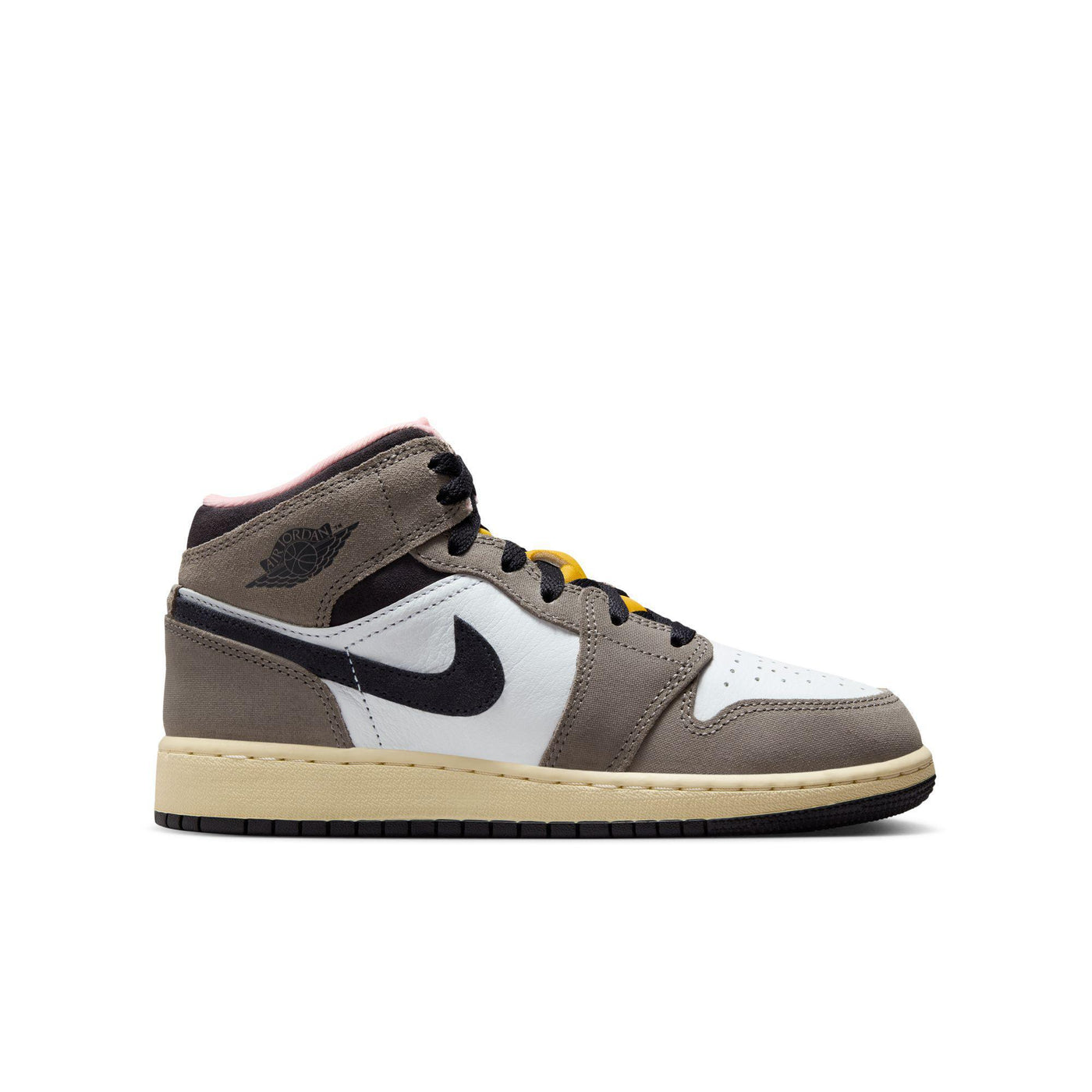 Air Jordan 1 Mid SE Big Kids' Shoes White/Oil Grey-Cave Stone-Dark Sulfur
